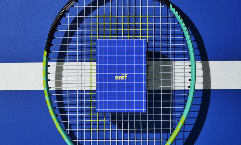 a tennis racket is sitting on top of a blue tennis court .