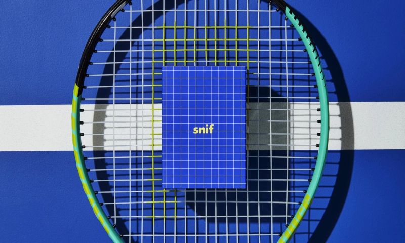 a tennis racket is sitting on top of a blue tennis court .