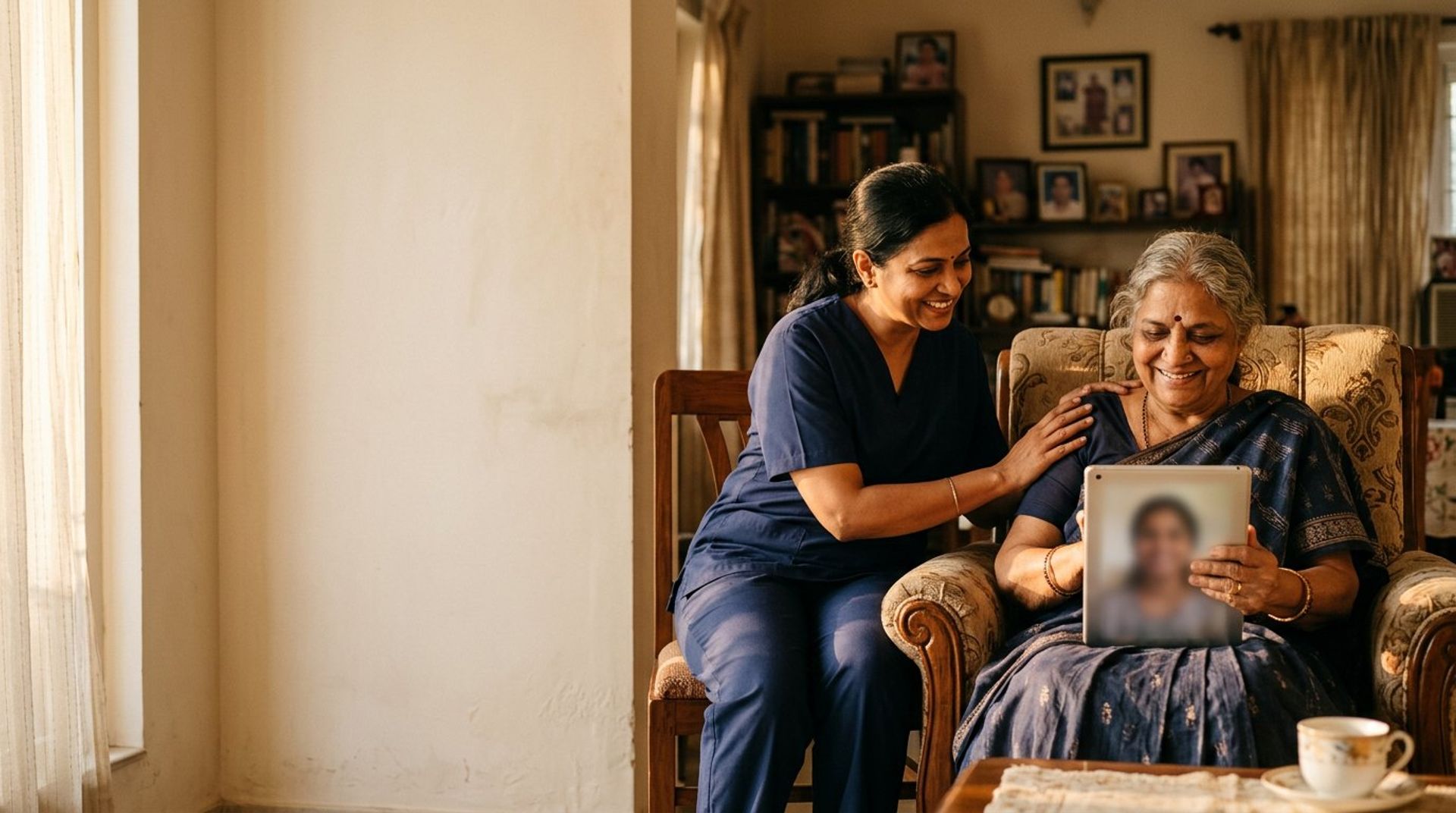 Elderly mother on a video call with family, with her caregiver