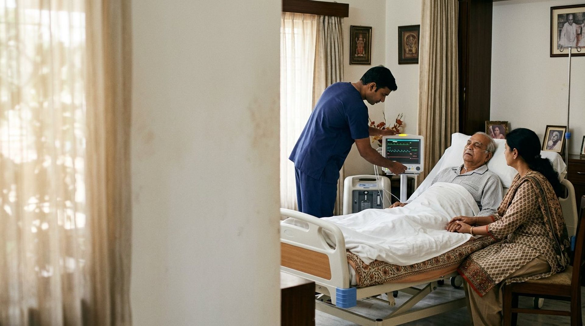 Nurse adjusting a patient monitor beside a home ICU bed