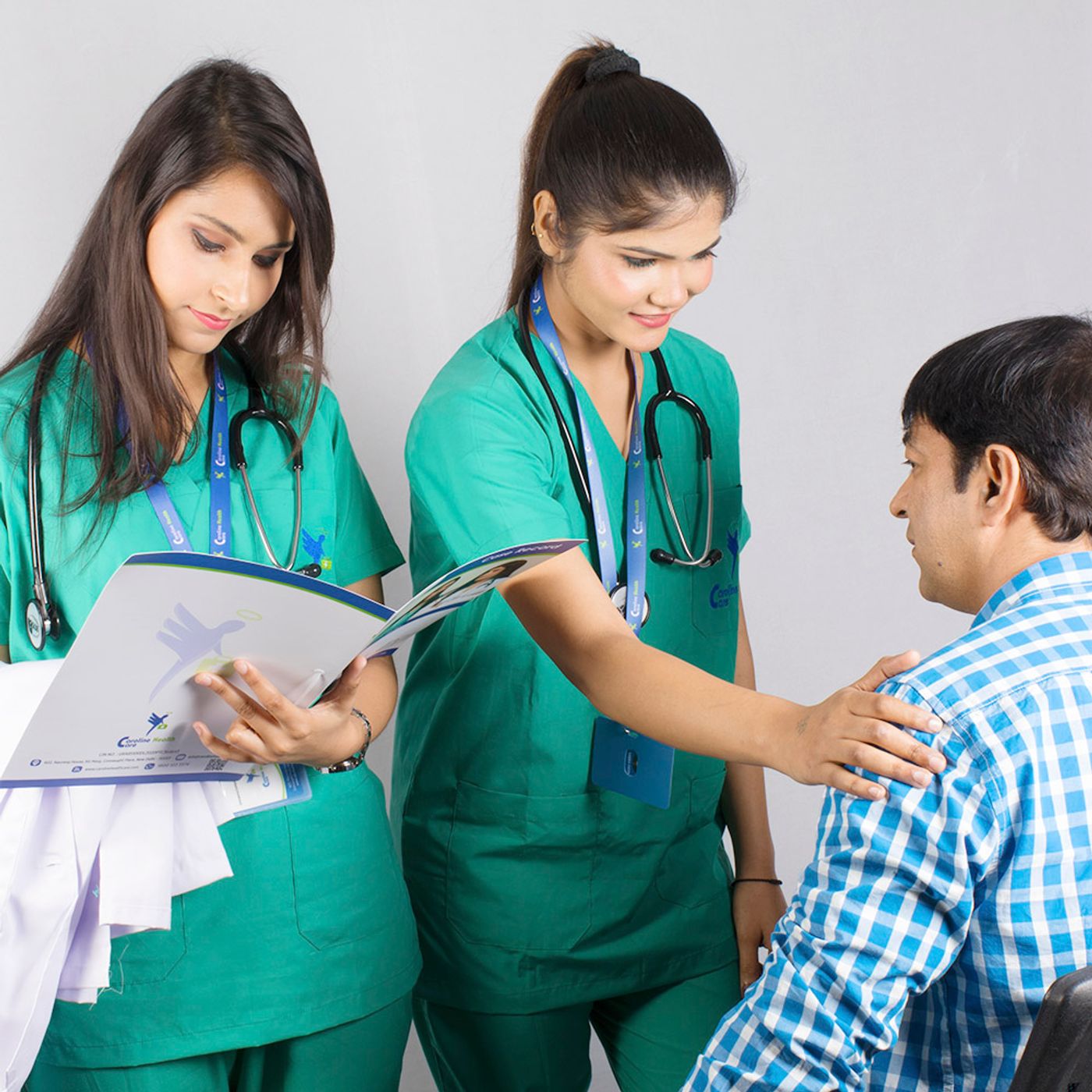 Nursing staff assisting an elderly patient with a walker, supported by a medical care team.