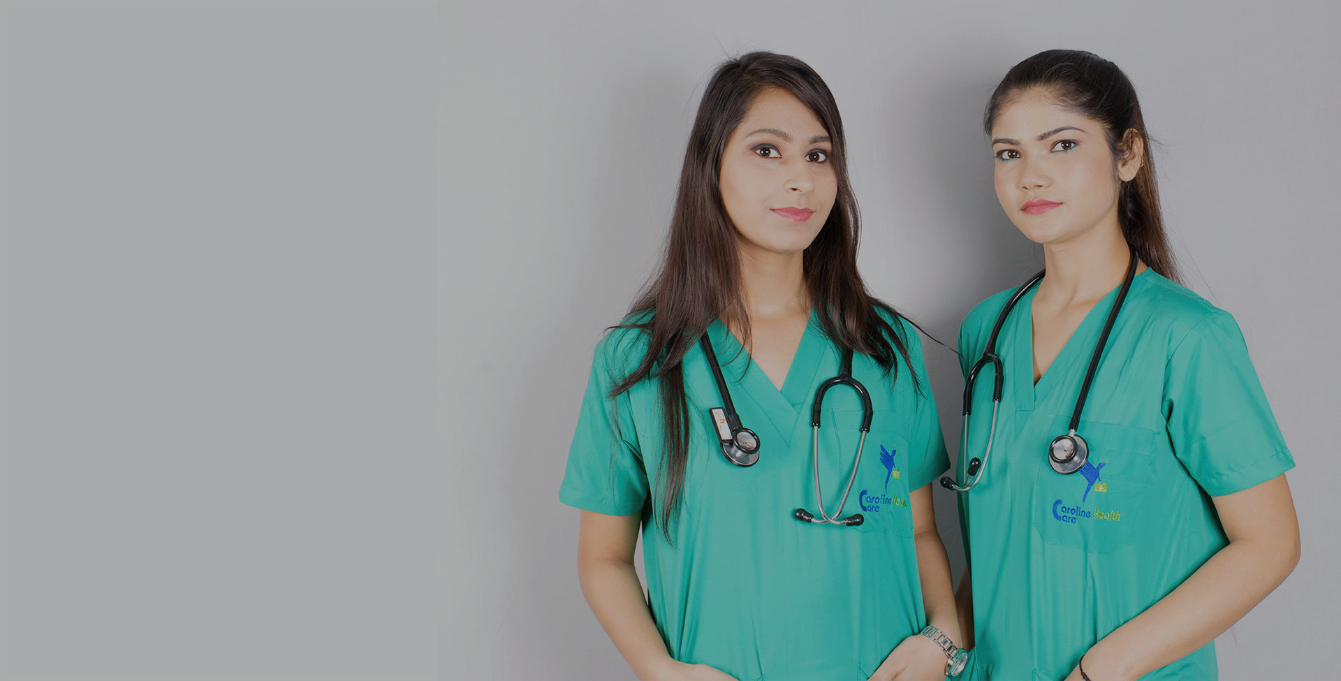Caroline Healthcare nursing staff in scrubs with stethoscopes