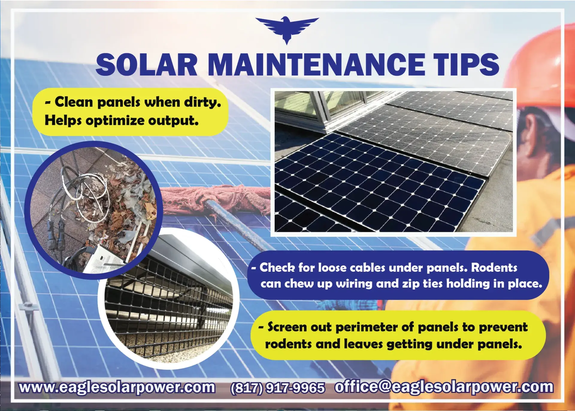 Eagle Solar Power solar maintenance tips: clean dirty panels, check for loose cables, and screen the panel perimeter against rodents