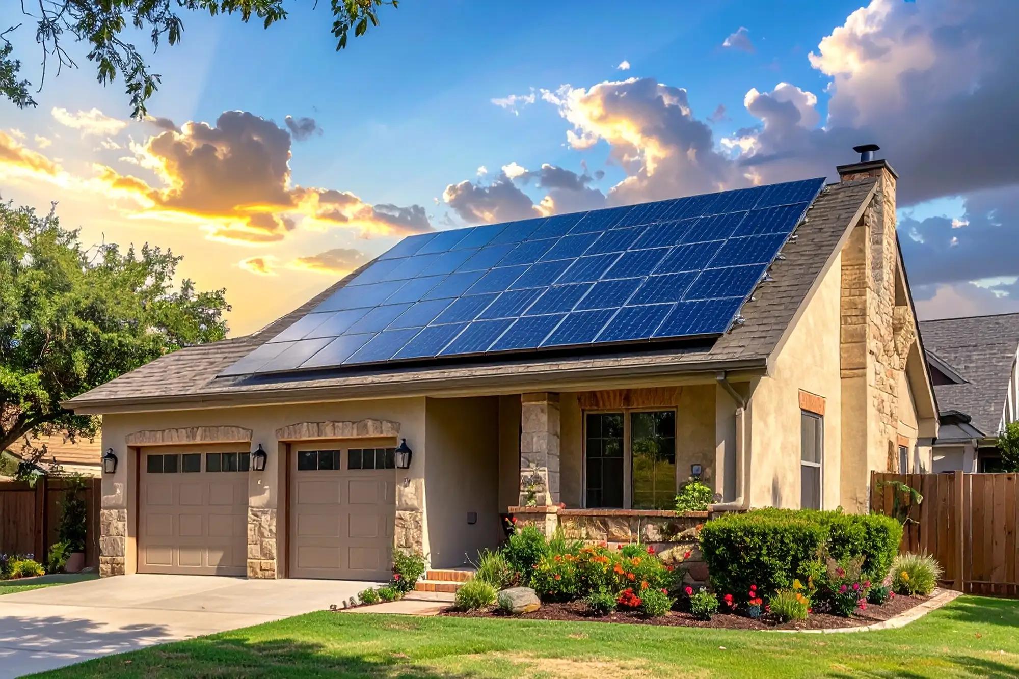 Suburban home with rooftop solar panels at sunset