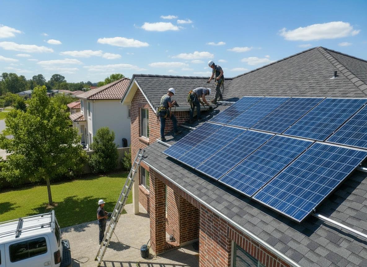 Installers mounting solar panels on a brick home's roof