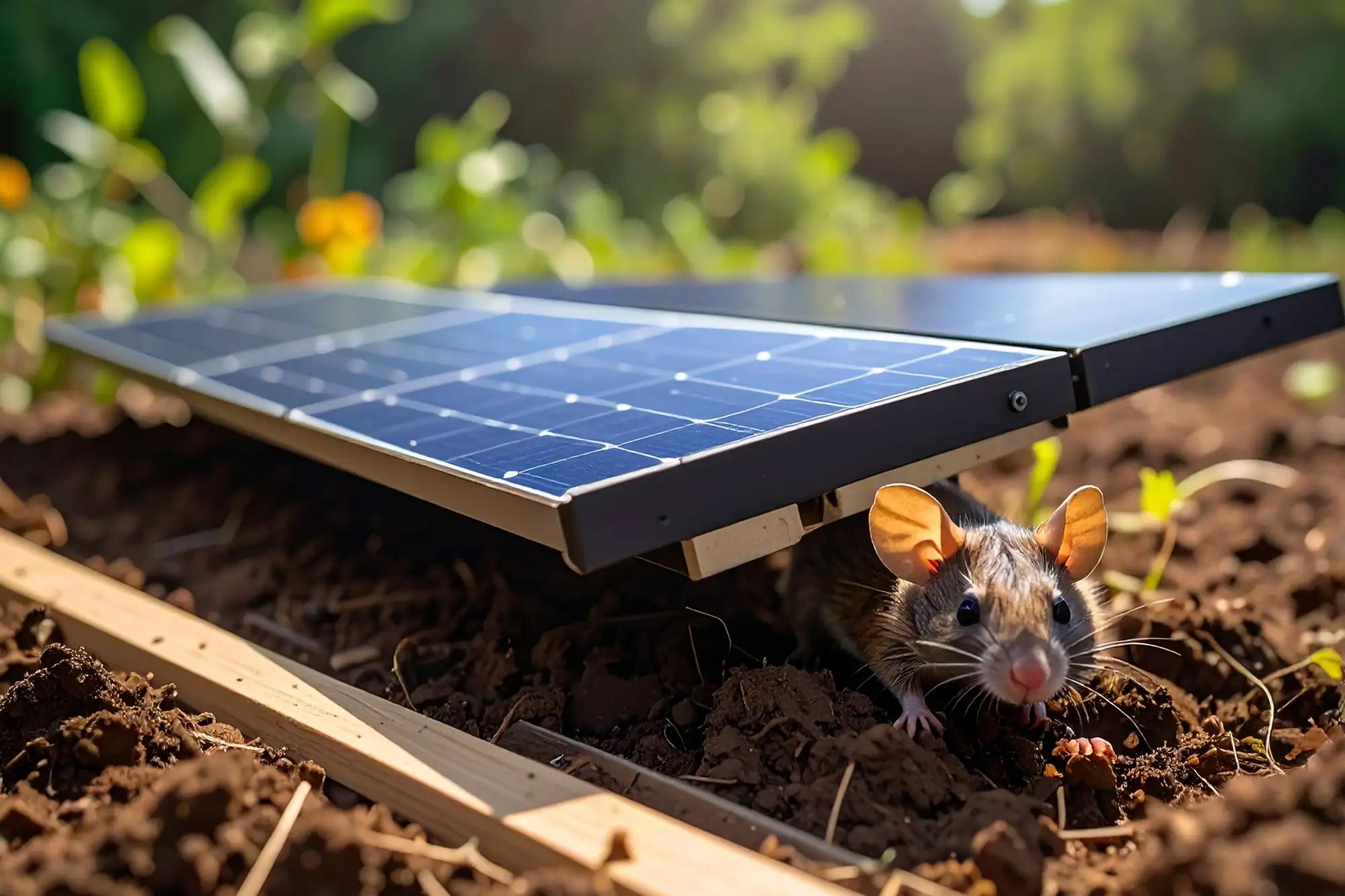 Rodent peeking out from under a solar panel