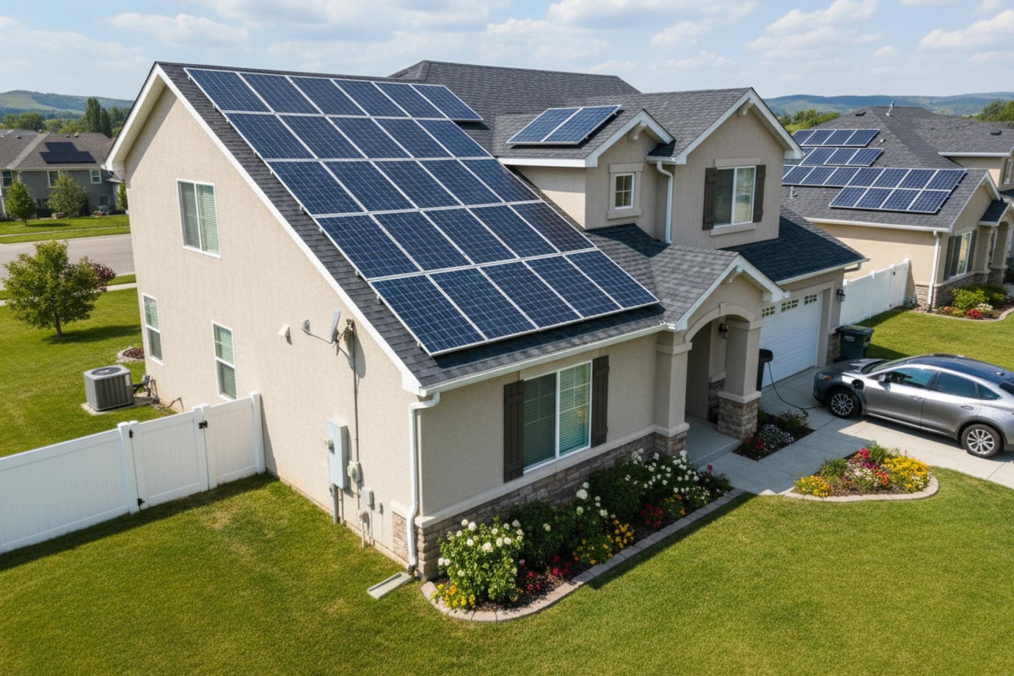 Two-story suburban home with solar panels covering the roof