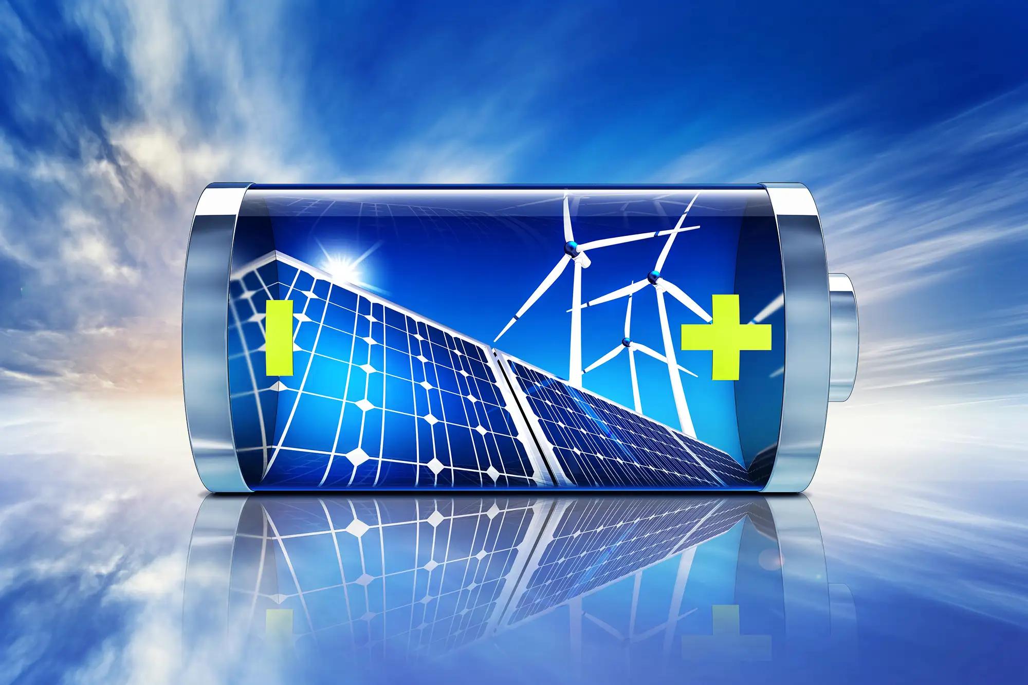 Battery icon filled with solar panels and wind turbines
