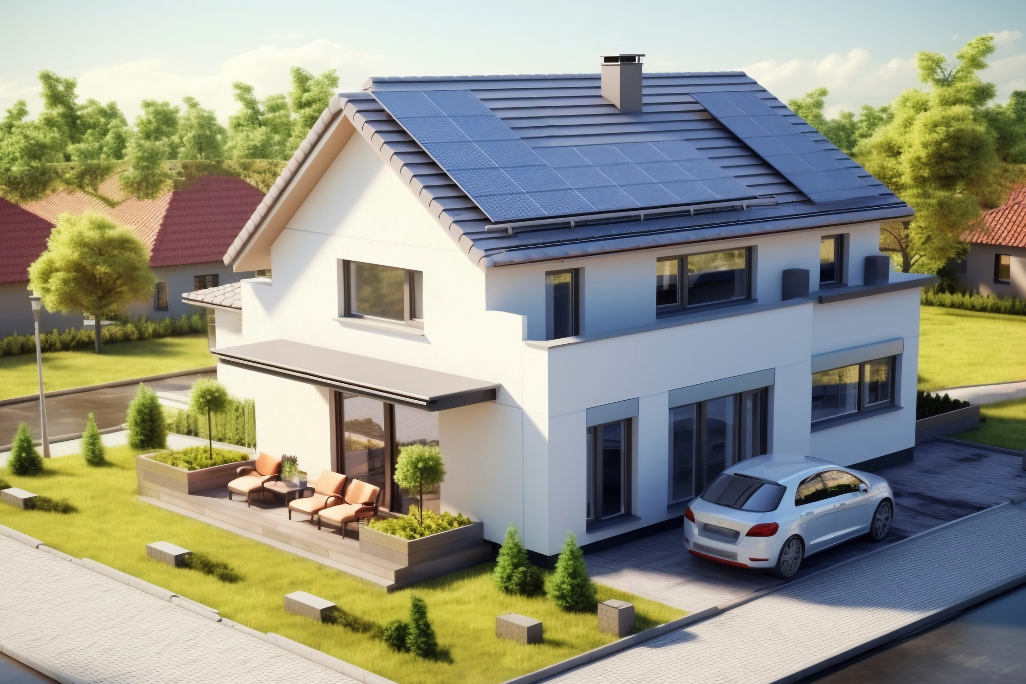 Illustration of a modern two-story home with rooftop solar panels