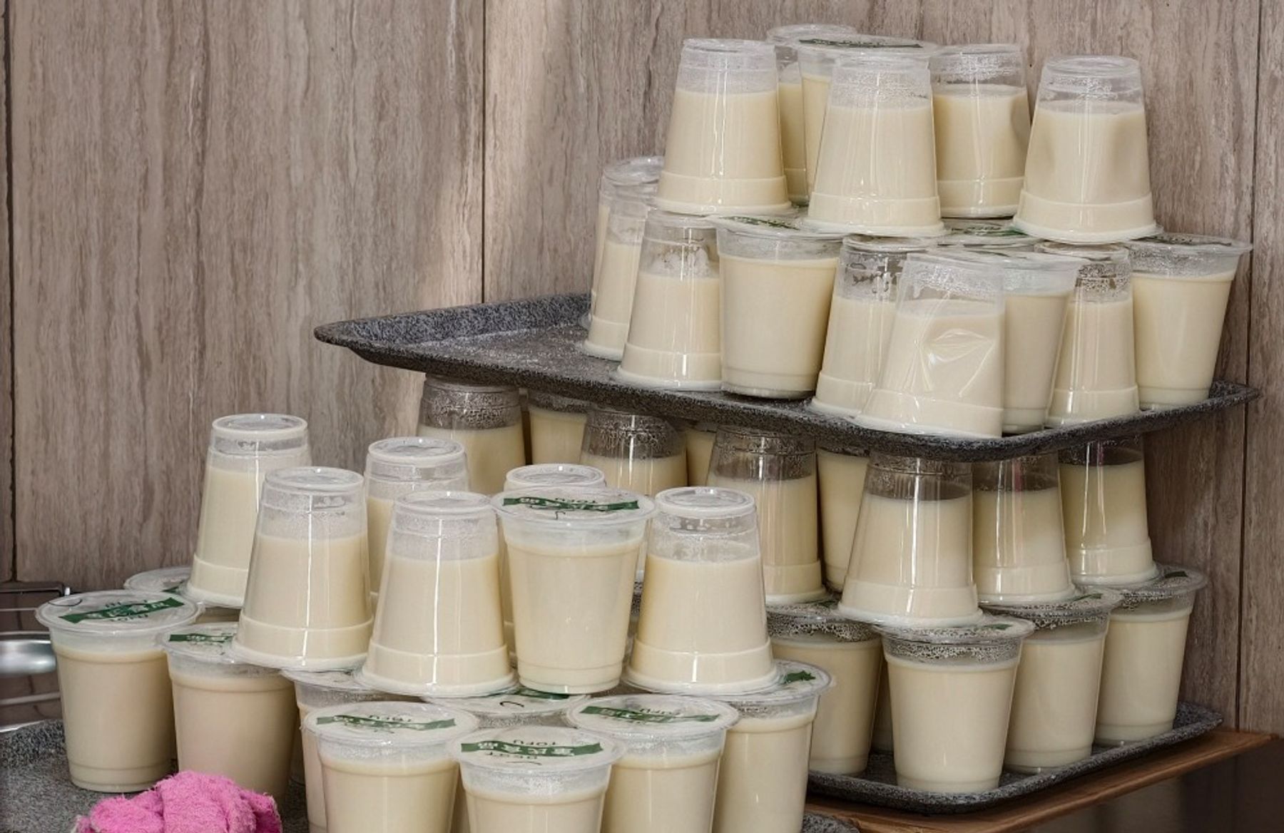 Cupped soy milk ready to go at Best Tofu