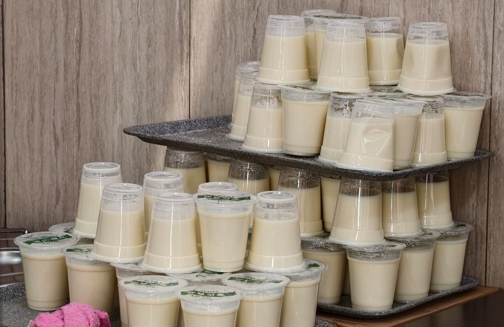 Cupped soy milk ready to go at Best Tofu