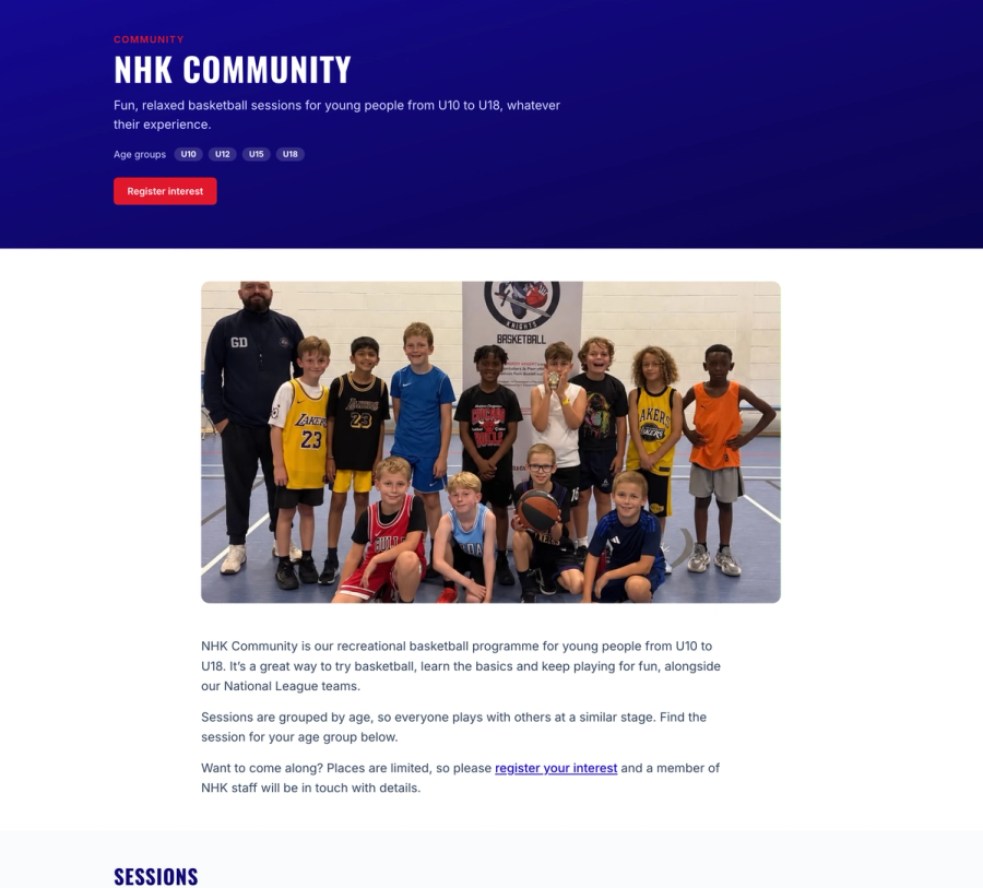 The NHK Community page with session details and age groups