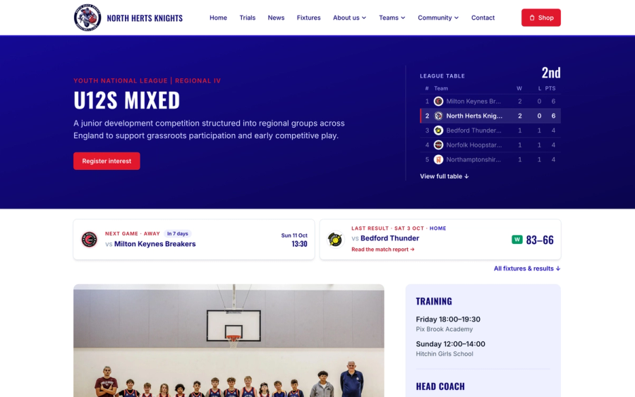 The U12s Mixed team page, showing the league table, next game and last result