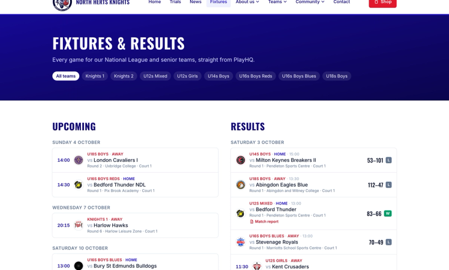 The Fixtures page, with a filter for each team, upcoming games and recent results