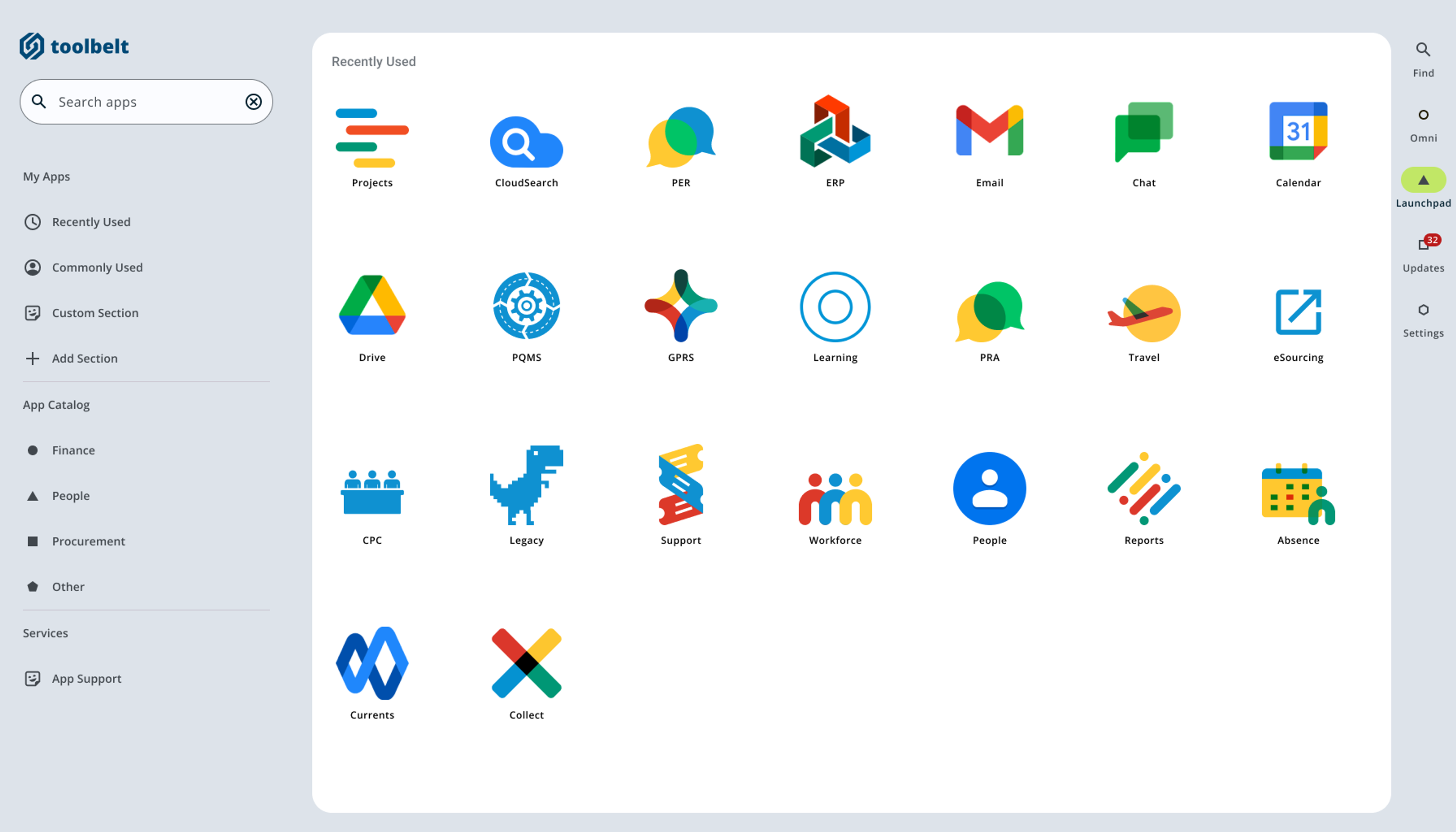 A design of web application showing many application icons.