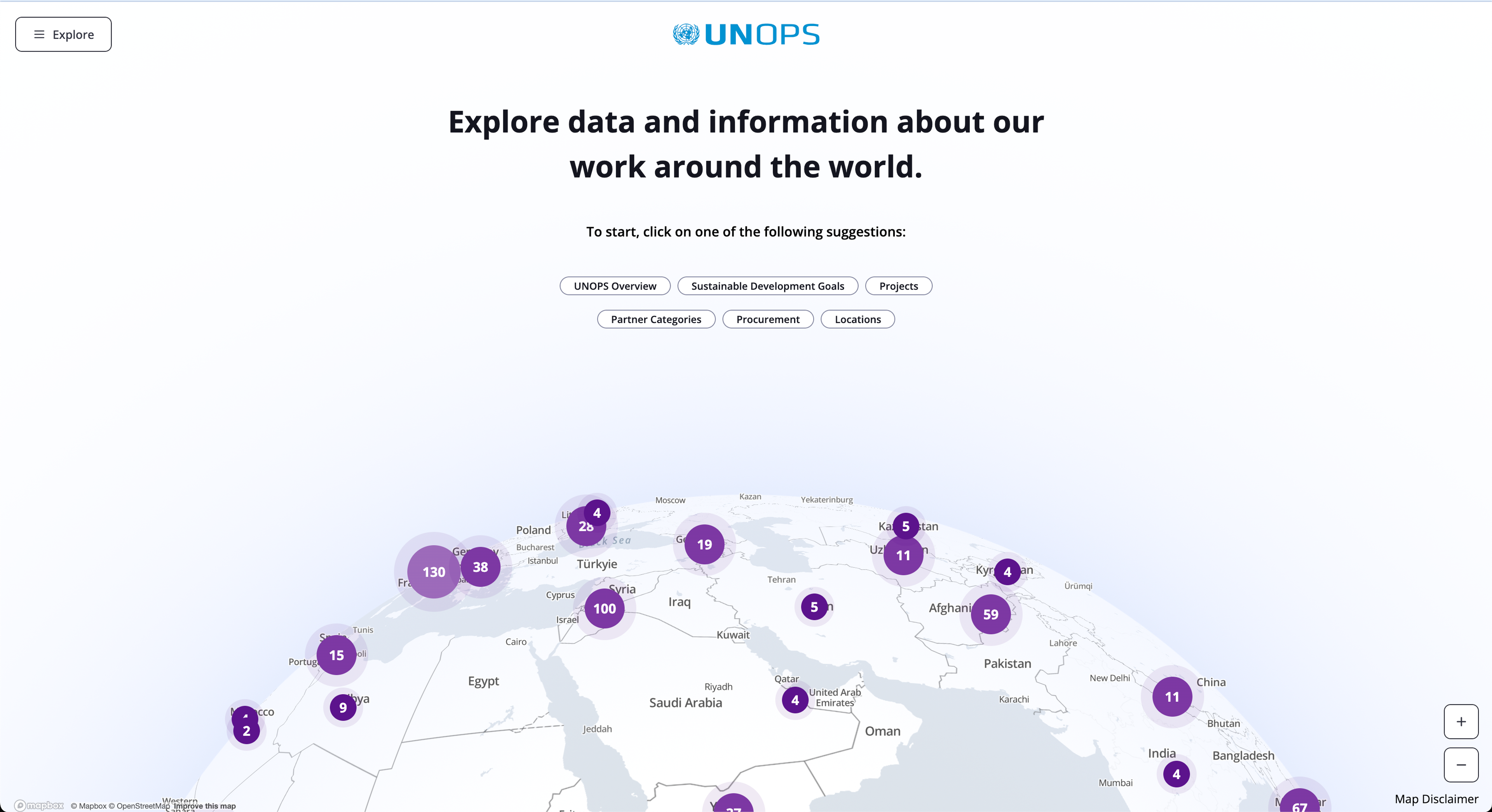 Landing page showing stylised wold globe with markers.