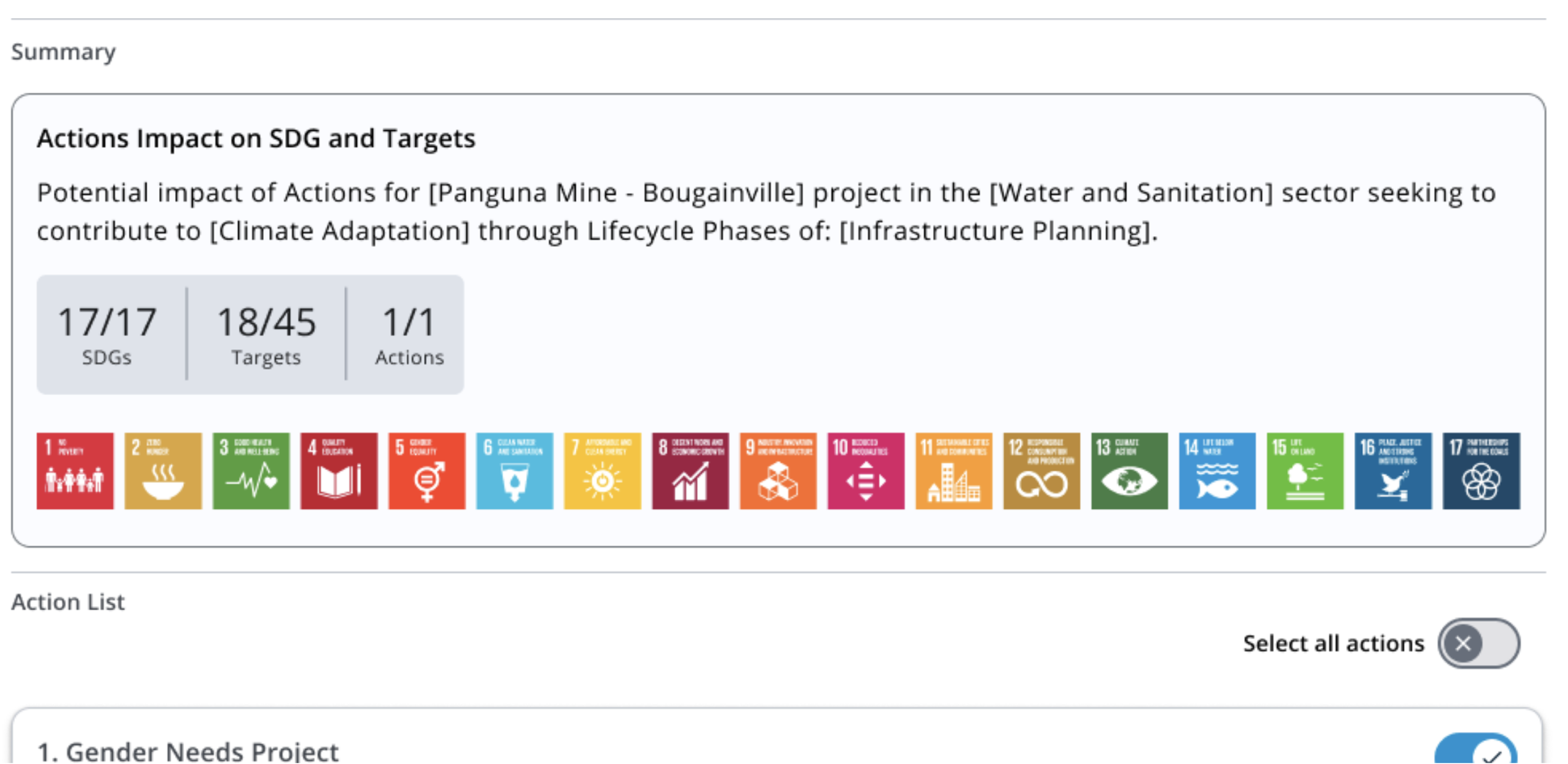 A screen shot of the SDGs in a web application.