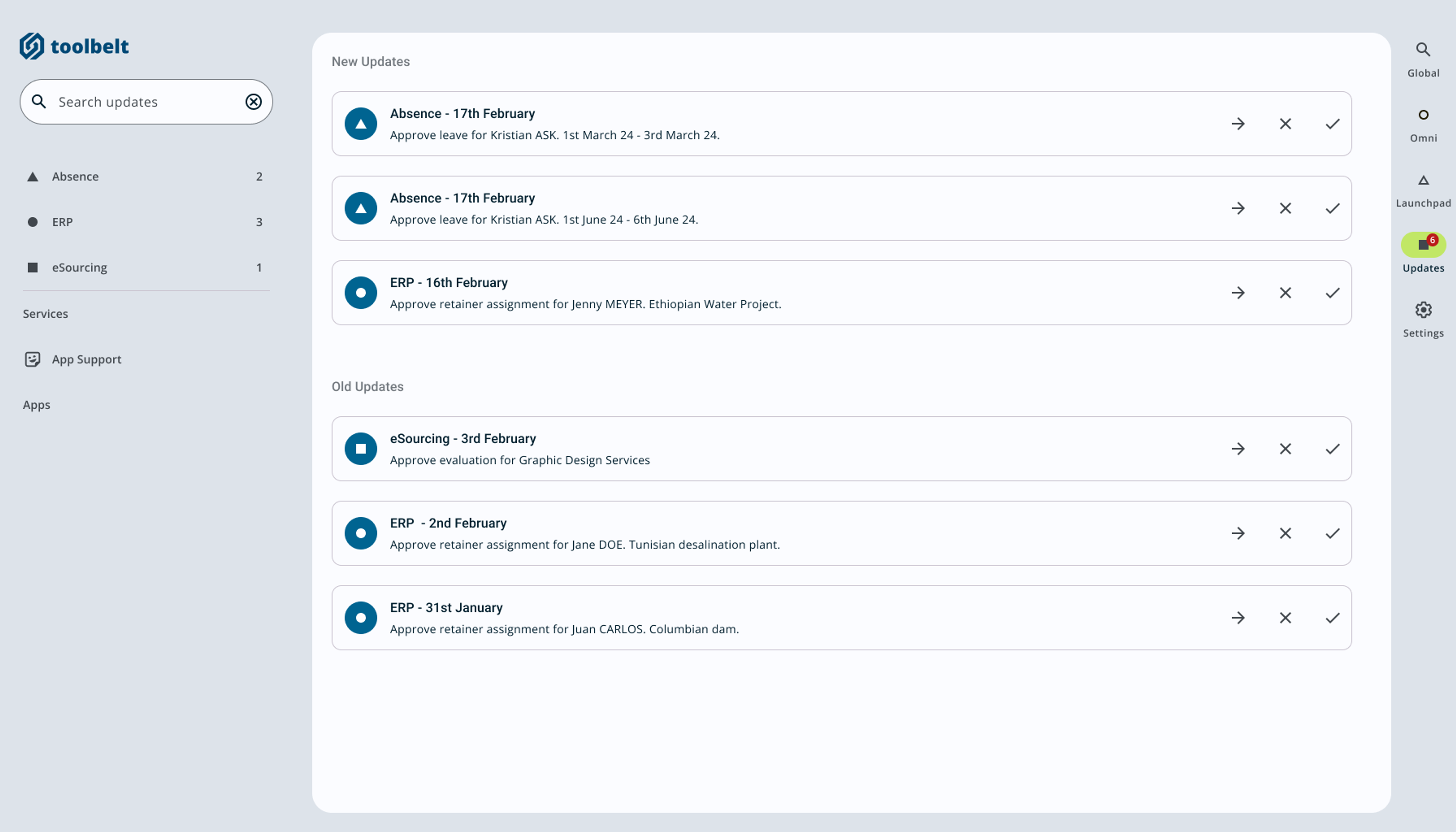 Design of an application with a side panel and main panel with task list.