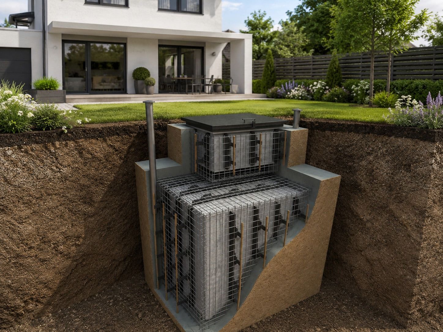 Schnittdarstellung eines Schutzraums neben einem Neubau