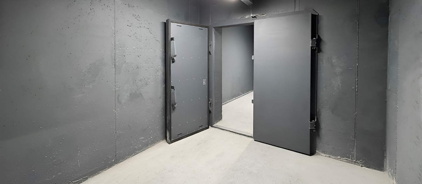 Zwei geöffnete Schutzraumtüren in einem Betonraum