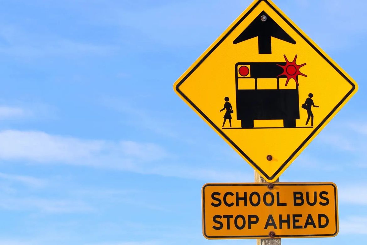 An american style sign with an icon of a bus with red stop lights activated people beside it. A written sign underneath saying "School bus stop ahead".