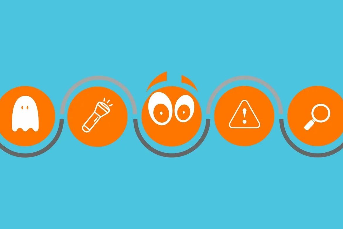 Icons of a ghost, a flashlight, animated eyes, a caution triangle and a maginfying glass each on an orange circle background all on a blue background.