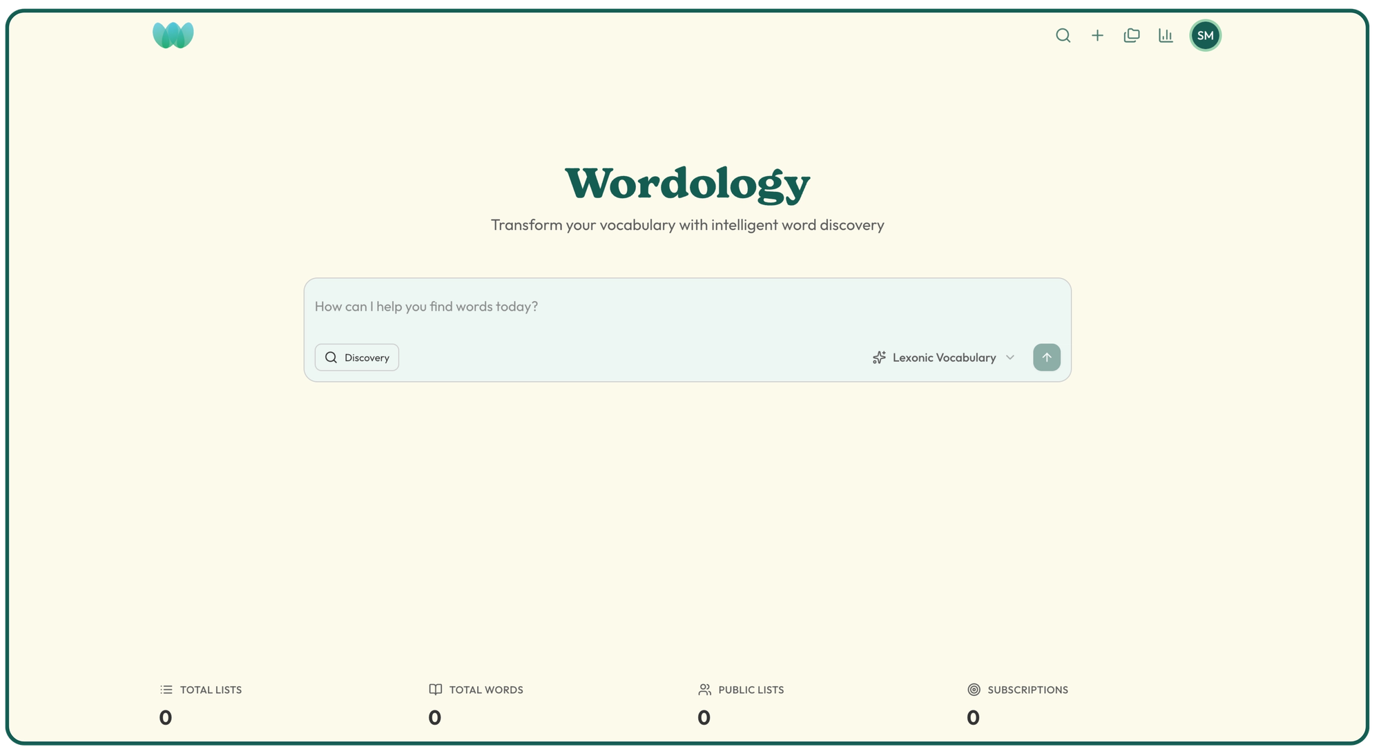 A screenshot of the Wordology screen showing the intelligent search function