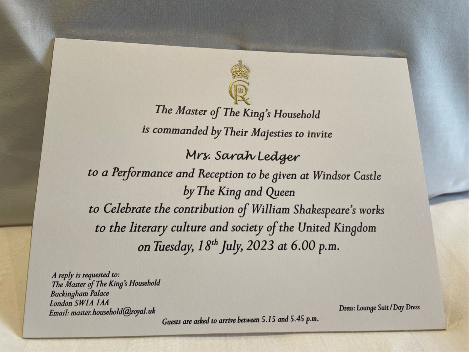 The actual invitation Sarah received inviting her to Windsor Castle