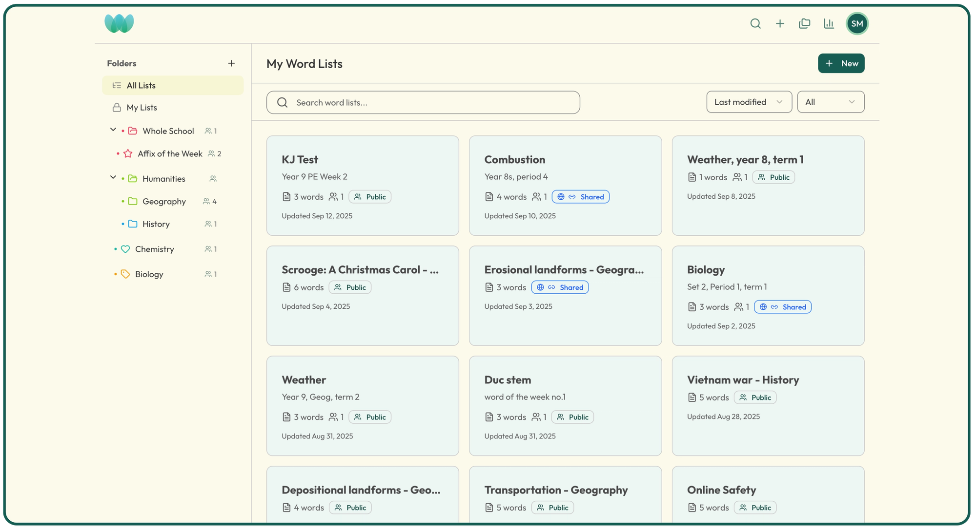 A screenshot of wordology word lists, showing the folders and collaboration options now available