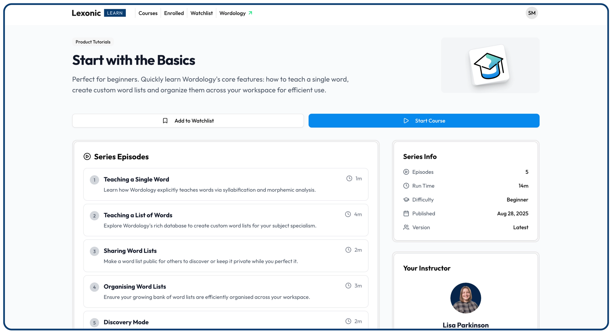 A screenshot of Lexonic Learn showing the detail provided for each course