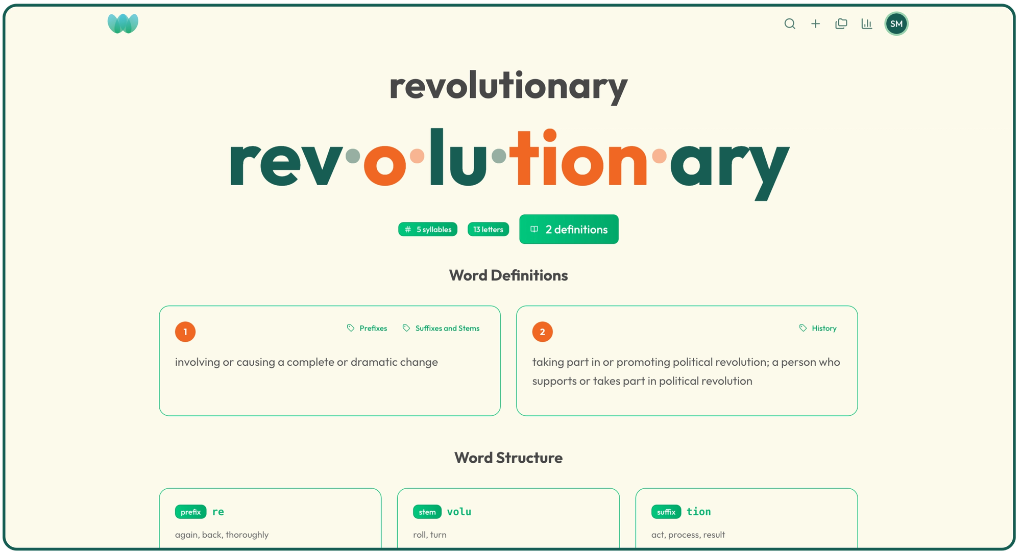 A screenshot of Wordology showing the rich data for the word revolutionary