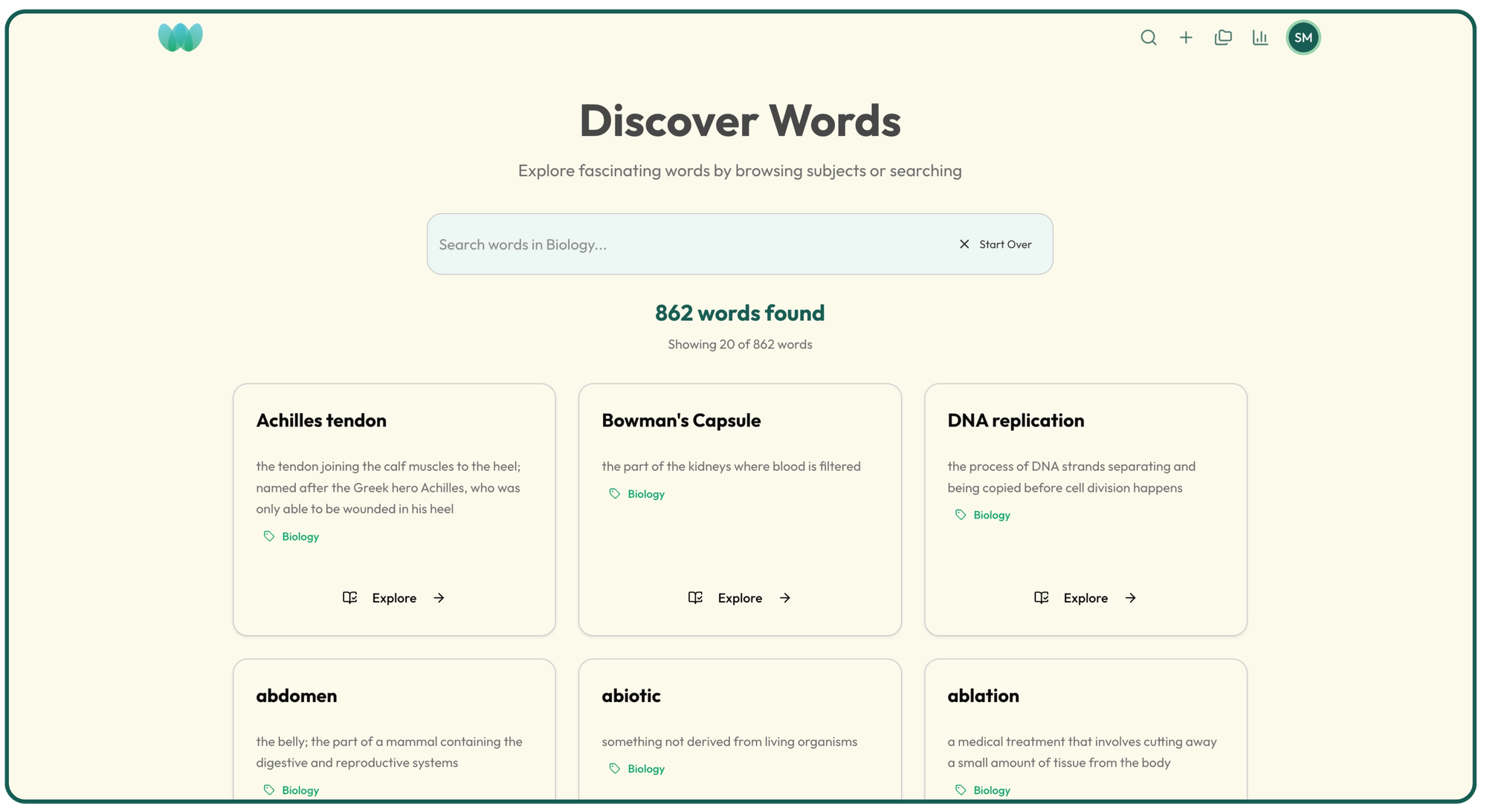 A screenshot of the Wordology app showing subject specific words with definitions for Biology