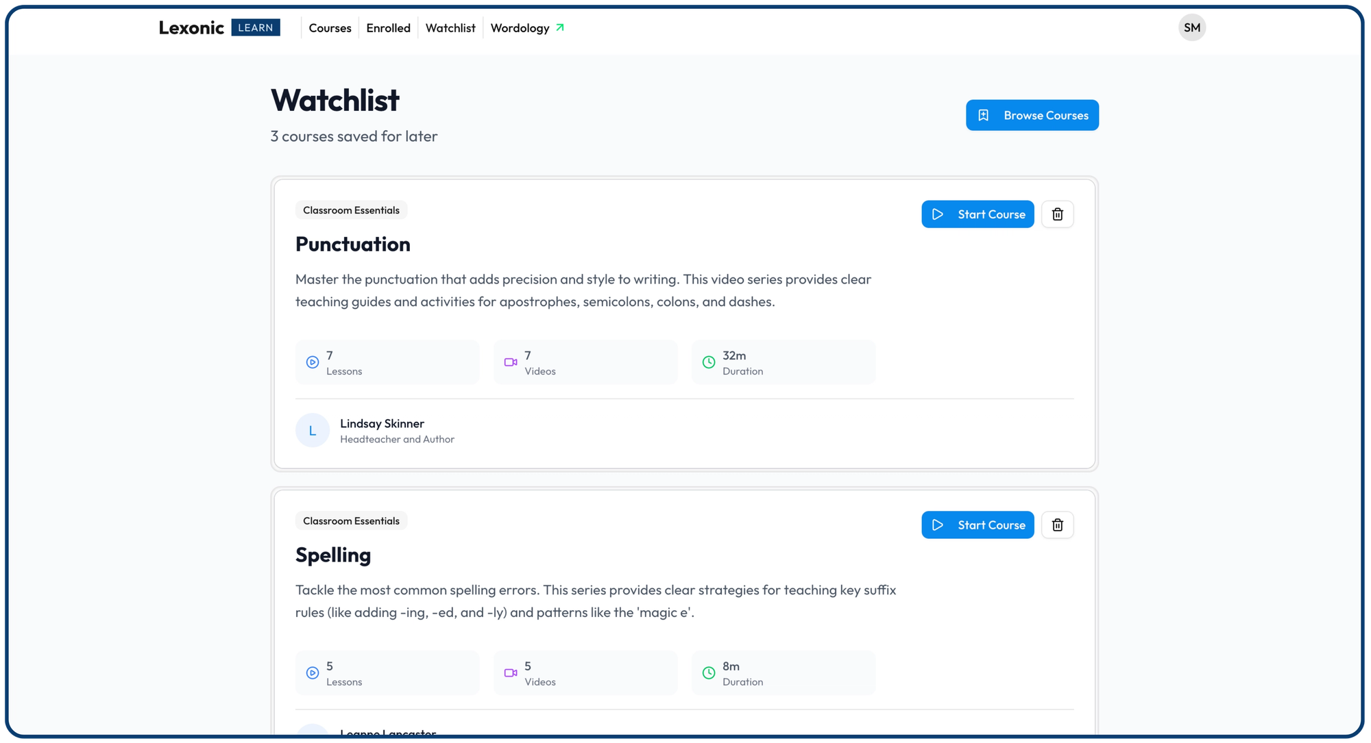 A screenshot of Lexonic Learn showing the watchlist feature