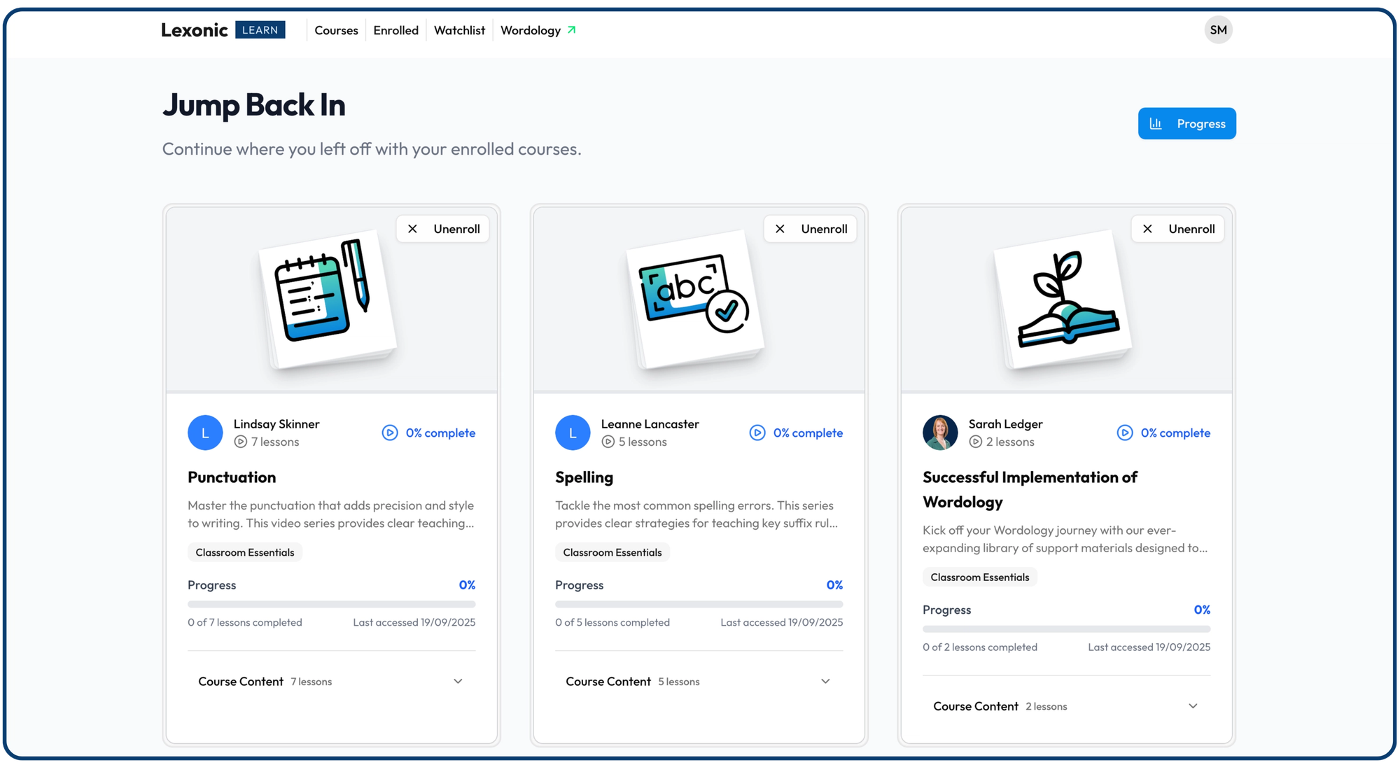 A screenshot of Lexonic Learn showing how you can resume learning when you return to the platform