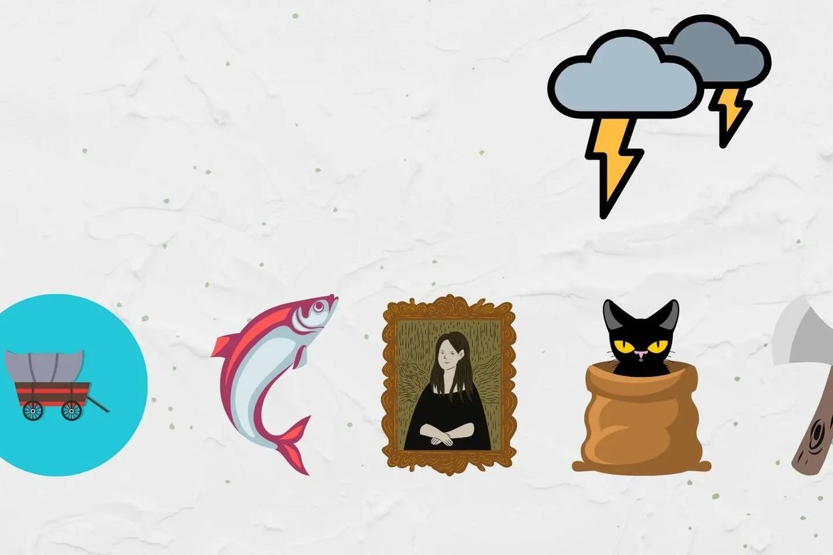 Icons showing a horse cart, a fish, a painting, storm clouds with lightening bolts, a cat in a bag and an axe.