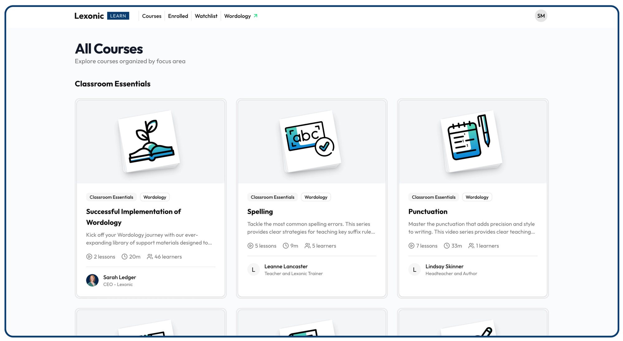 A screenshot of Lexonic Learn showing the Classroom Essentials Category