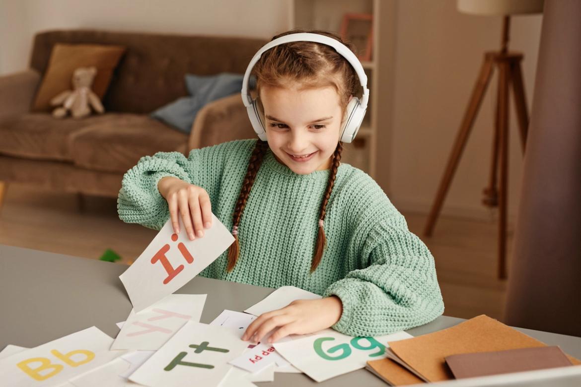 A girl learning English online, holding cards.