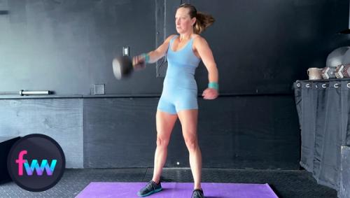 Kindal keeping her elbow close to her body and redirecting the kettlebell straight up to get it over her head.