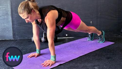 Kindal in the top of a pushup plank with an engaged core and legs.