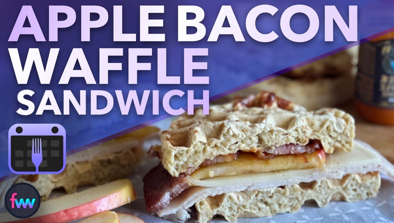 The apple bacon waffle sandwich cut open so you can see the delicious layers and how this can fuel your mornings.