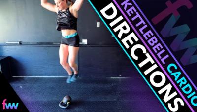 Kindal jumping over the kettlebell laterally as she get's ready to land into her next burpee.