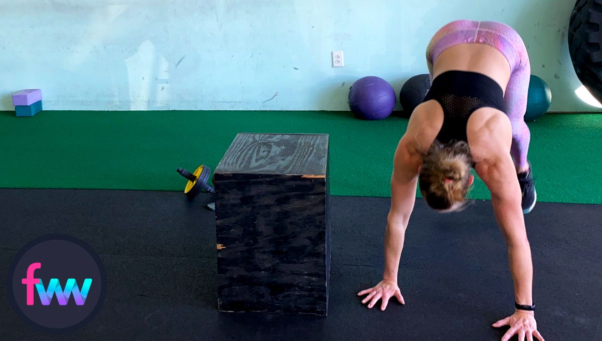 Kindal jumping back into her burpee and making sure she falls down into the pushup which requires more muscle control.