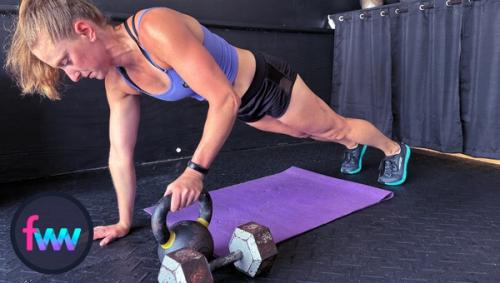 Kindal in the start position for kettlebell renegade rows and you can see how her arm cannot fully lock out.