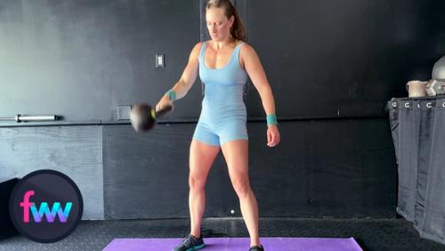 The kettlebell is coming down straight to go through her legs straight on... no angles.