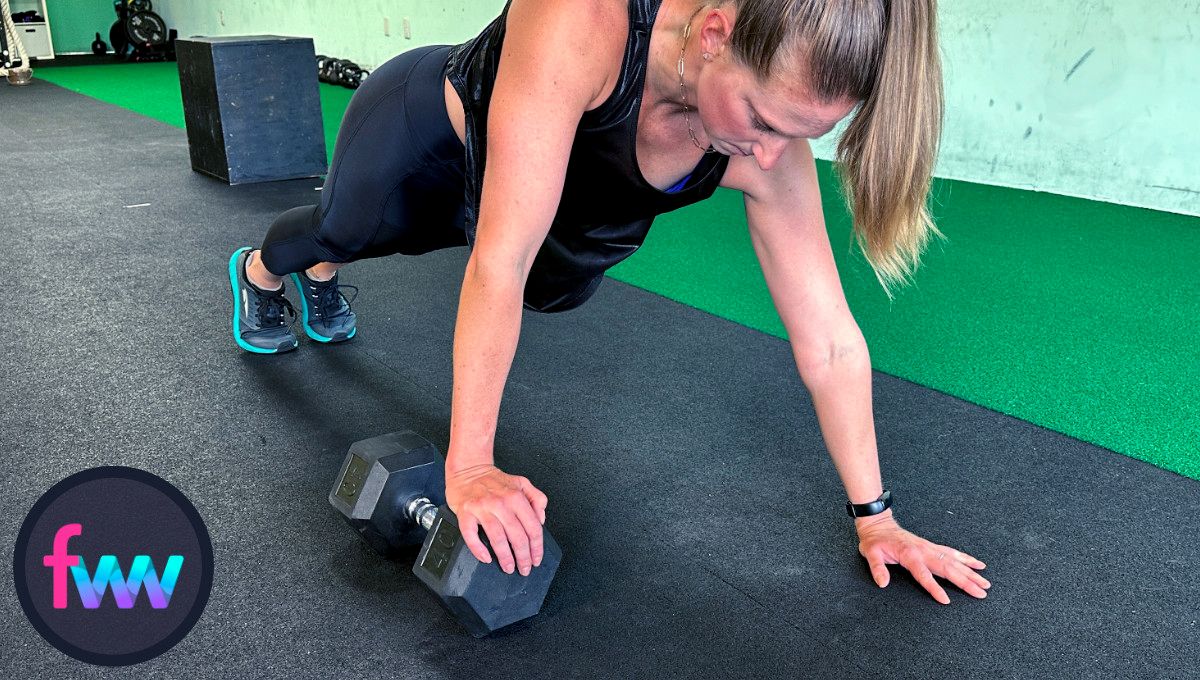 Kindal at the top of the lizard pushup using dumbbells. This gives you a little more room to increase your range of motion.