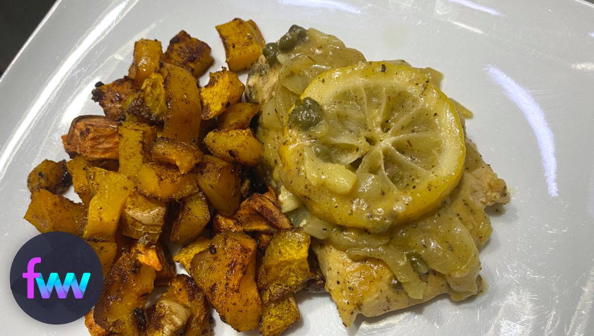 A plate of homemade chicken piccata and sweet potatoes