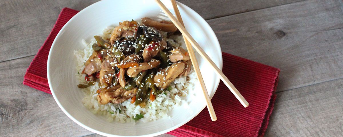 Chicken Teriyaki A bowl of chicken teriyaki something with chicken and a tangy sauce of some type