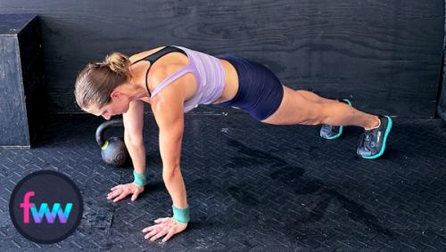 Kindal jumps back to the top of the pushup position while focusing on keeping her body tight as she lands, but lose enough to drop into a pushup.