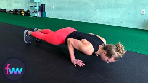 Kindal showing how to do a solid burpee pushup which helps to build strength besides the pure conditioning of the exercise.