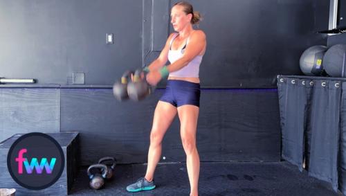 Kindal firing from the hips with good balance. Notice how she initially leans back to counter the weights going out fast.